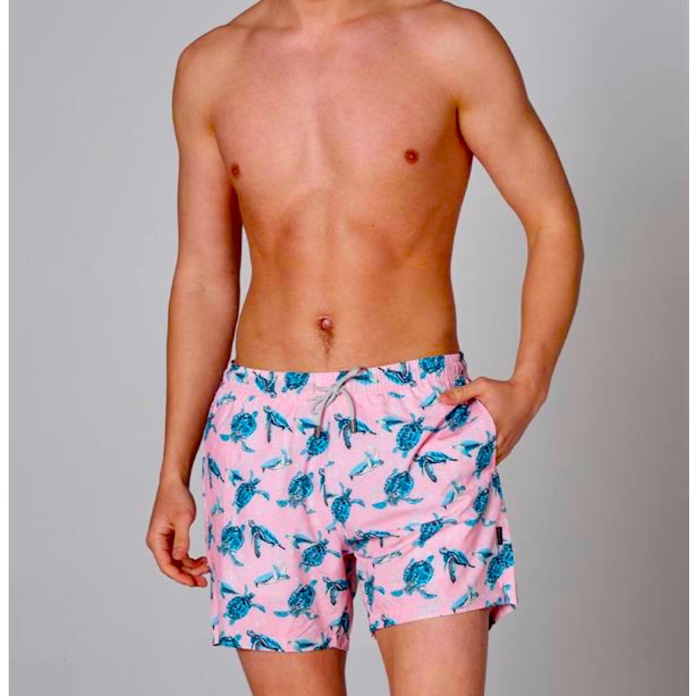 John Frank gym/swim shorts in pink with turquoise turtles print, side pockets, S